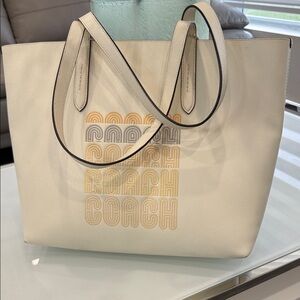 Coach Cream Tote with Yellow and Gray Stacked Logo